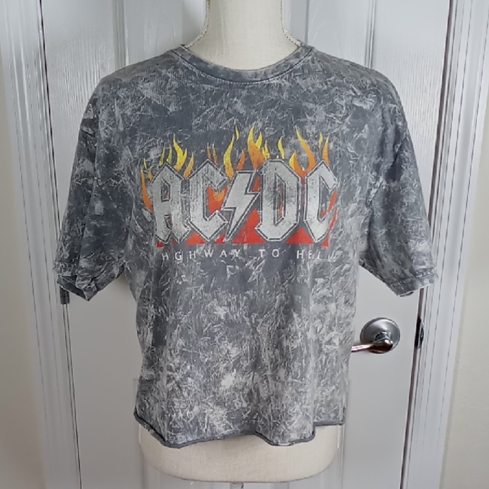 AC⚡DC Highway To Hell Gray/Yellow Tie Dyed Cut Off Crop T-Shirt Size L